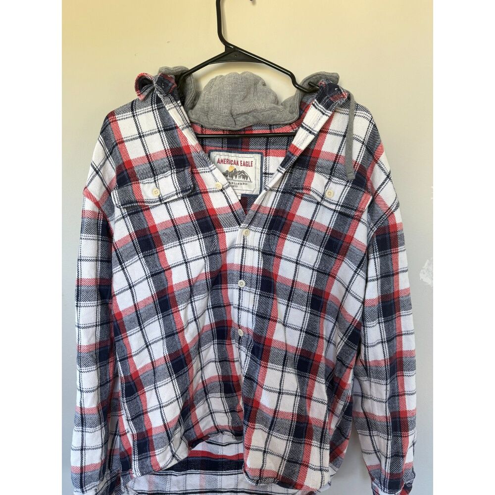 American Eagle Red White Navy Plaid Flannel Shirt with Grey Hood - Medium